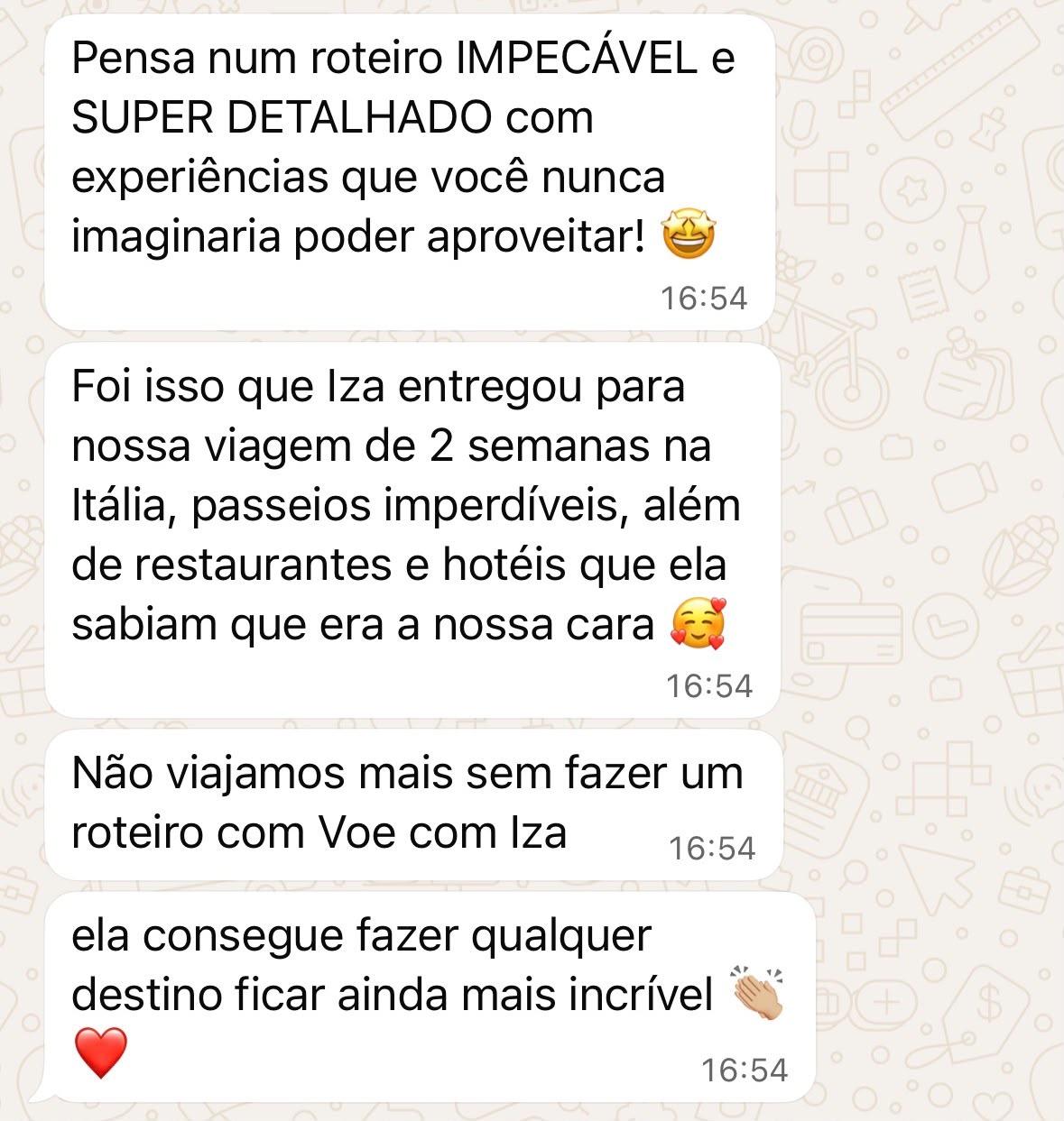 Print de conversa no WhatsApp com cliente elogiando o roteiro