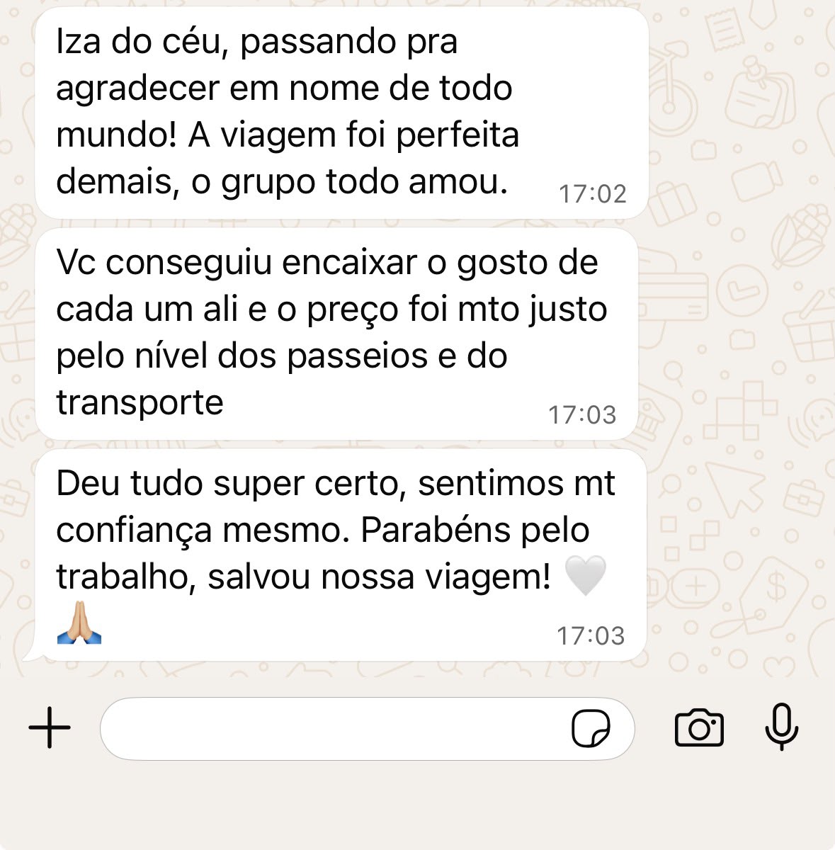 Print de conversa no WhatsApp com cliente agradecendo pela viagem em grupo