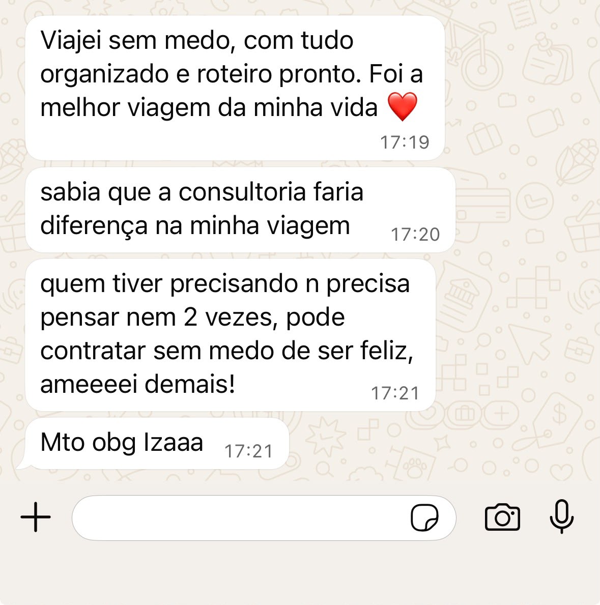 Print de conversa no WhatsApp com cliente dizendo que foi a melhor viagem da vida