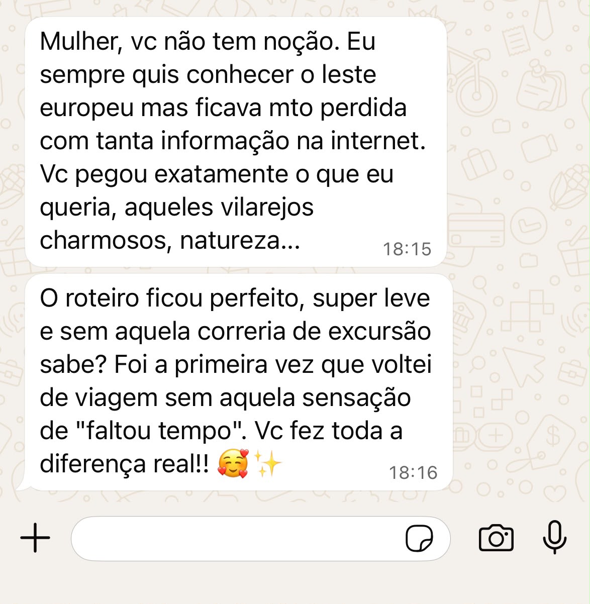 Print de conversa no WhatsApp com cliente elogiando o roteiro pelo Leste Europeu