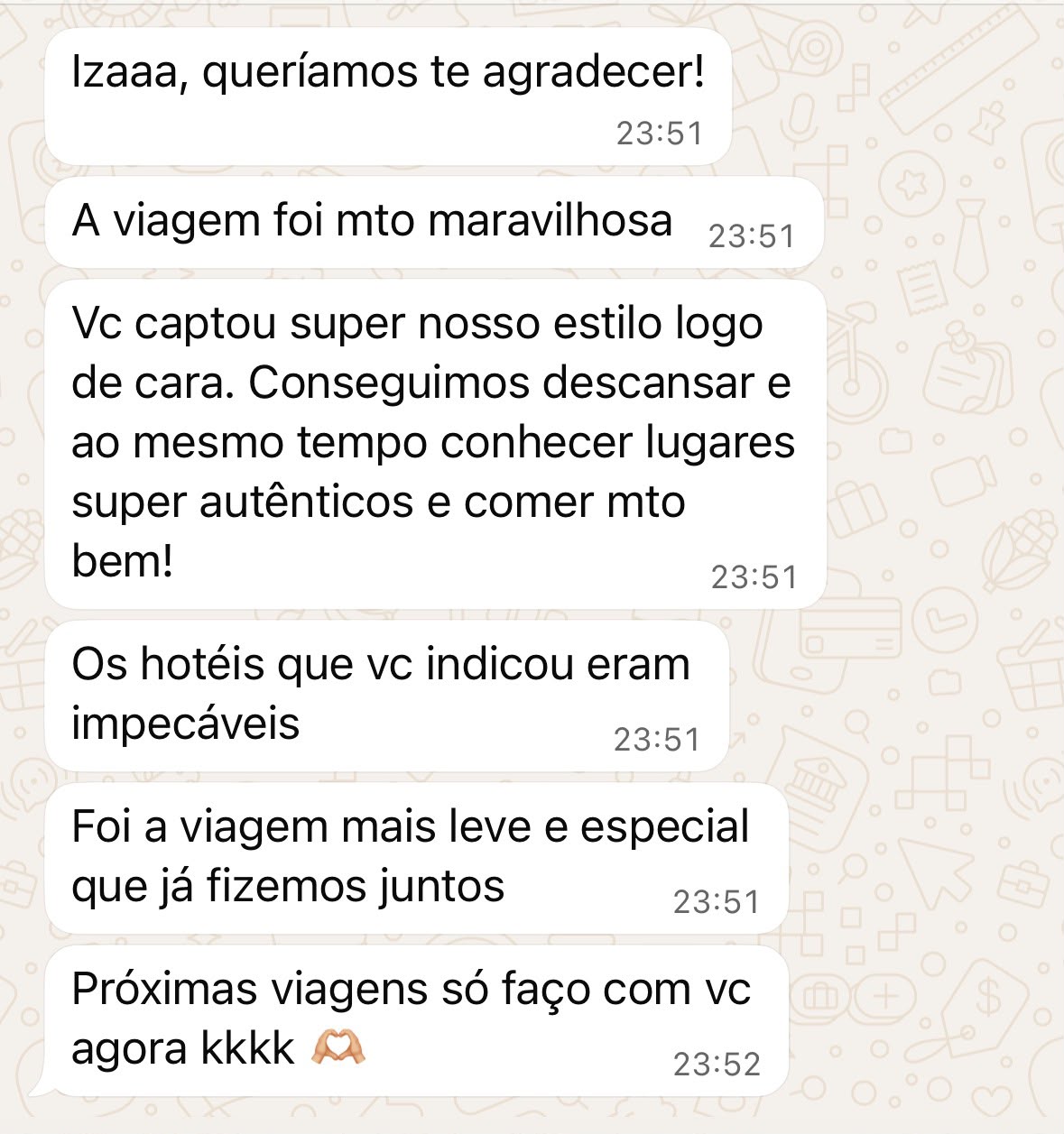 Print de conversa no WhatsApp com cliente agradecendo por uma viagem leve e especial