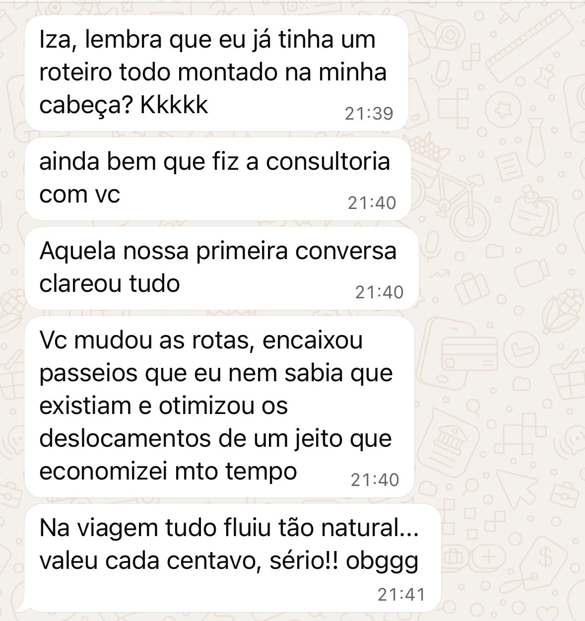 Print de conversa no WhatsApp com cliente contando como a consultoria mudou o roteiro pra melhor