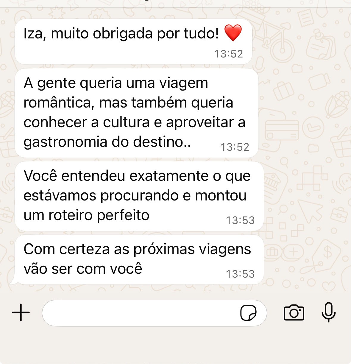 Print de conversa no WhatsApp com cliente agradecendo por uma viagem romântica com cultura e gastronomia