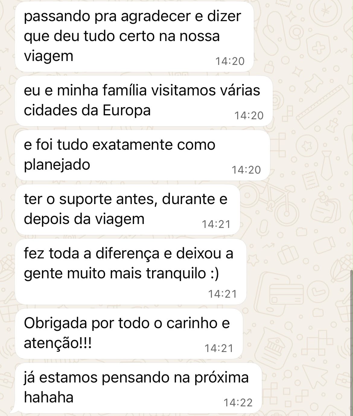 Print de conversa no WhatsApp com cliente agradecendo pelo suporte antes, durante e depois da viagem em família